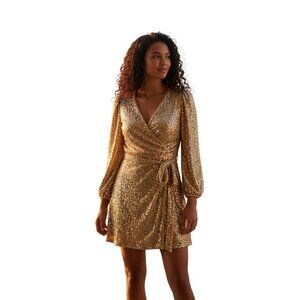 Kate & Mallory Gold Sequin Long Sleeve Tie Waist Dress XS NEW Party Evening